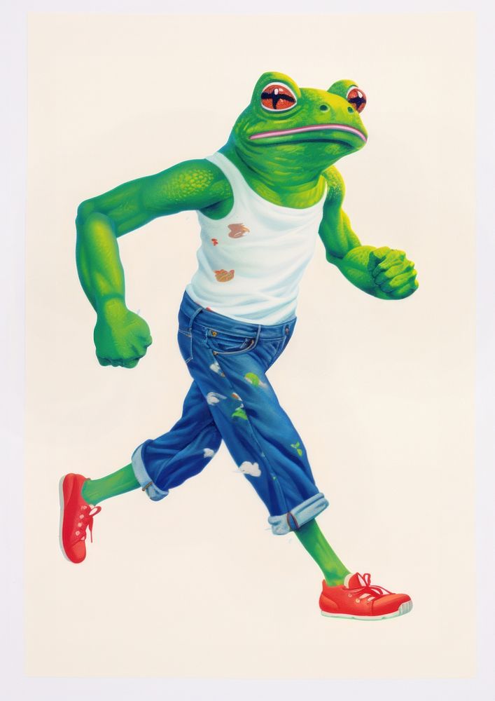 A cartoon muscular Frog wear white t-shirt frog amphibian footwear. AI generated Image by rawpixel.