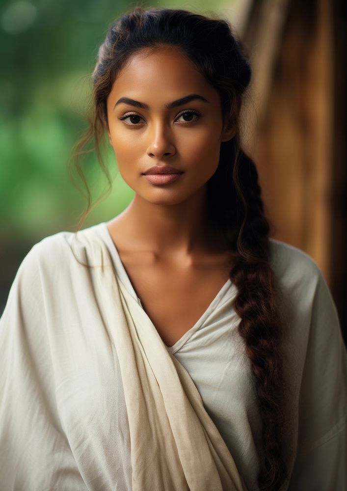 A Micronesian woman in traditional clothe adult contemplation hairstyle.