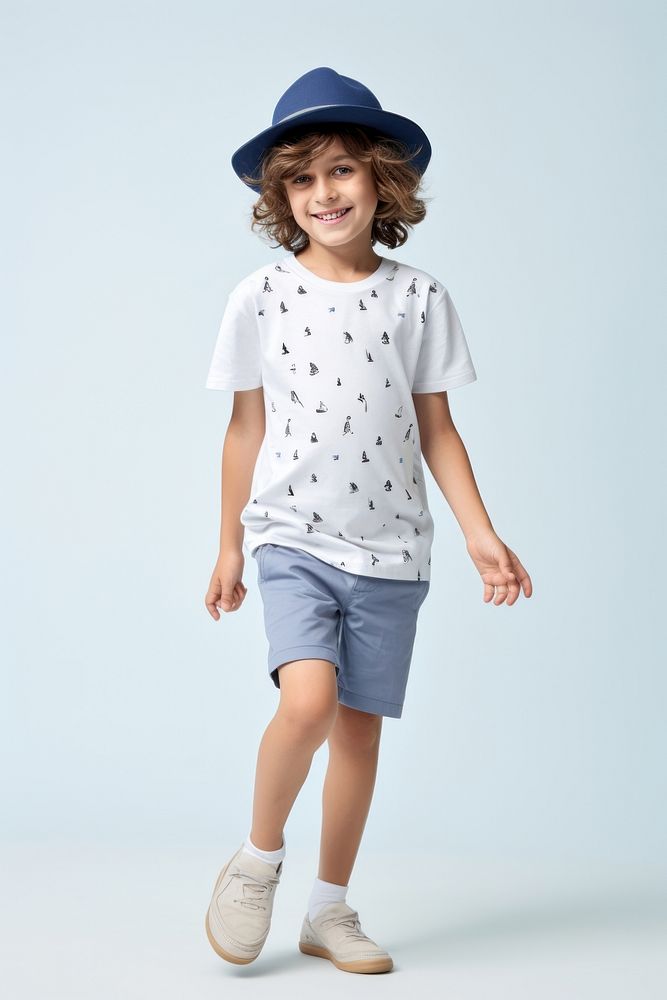Boy wear gap hat stip line t-shirt and blue short shorts sleeve happiness. AI generated Image by rawpixel.