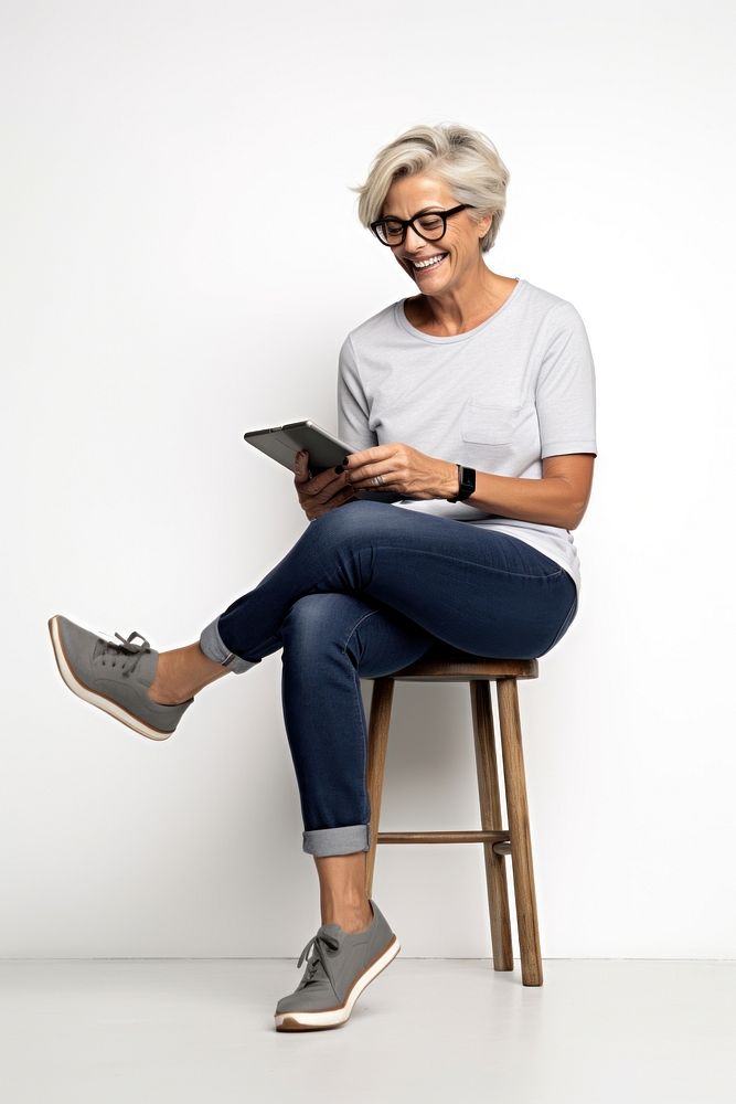 Senior short hair woman wear glasses footwear sitting white background. 