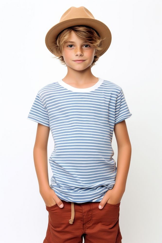 White boy wear gap hat stip brown line t-shirt and blue short shorts white background happiness. AI generated Image by…