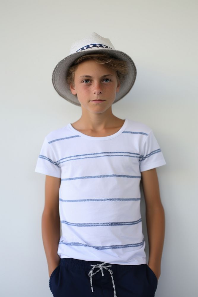 White boy wear gap hat stip line t-shirt and blue short child happiness beachwear. AI generated Image by rawpixel.