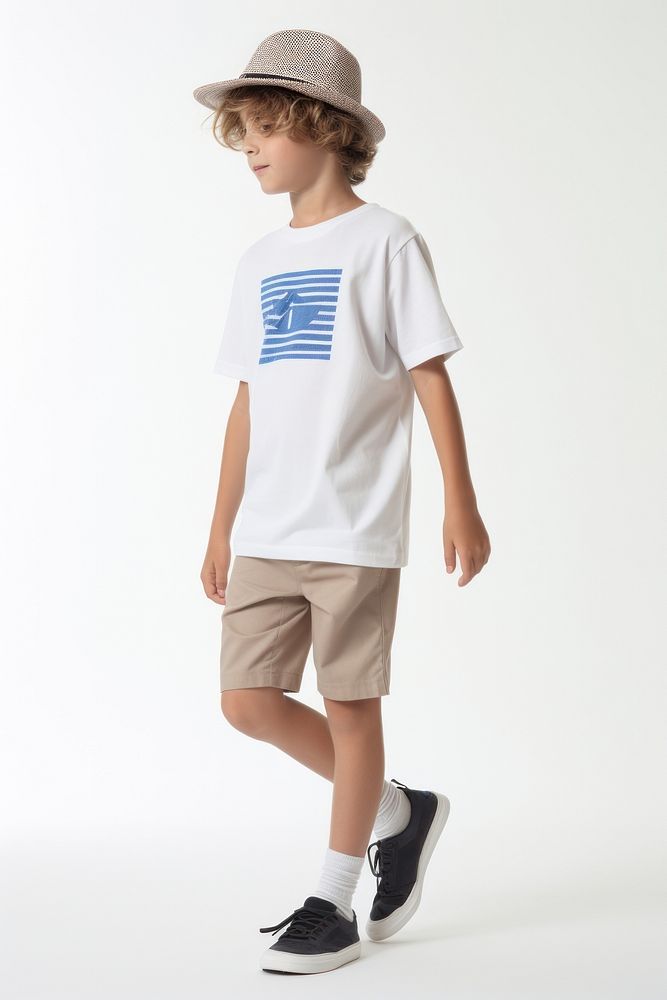 White boy wear gap hat stip line t-shirt and blue short shorts child white background. AI generated Image by rawpixel.
