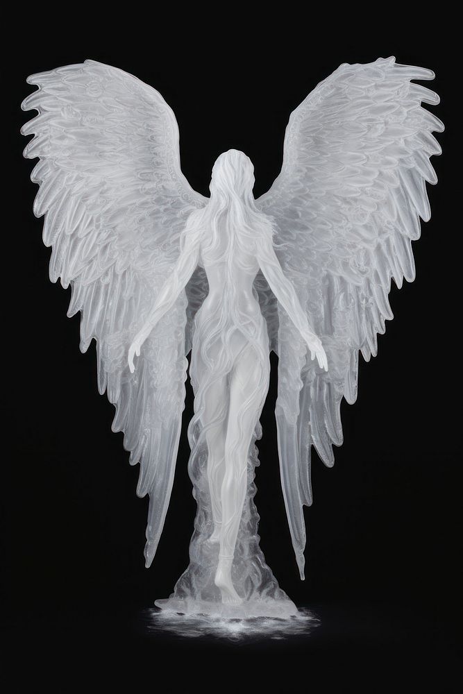 Angel wings frosted ice sculpture statue black background.