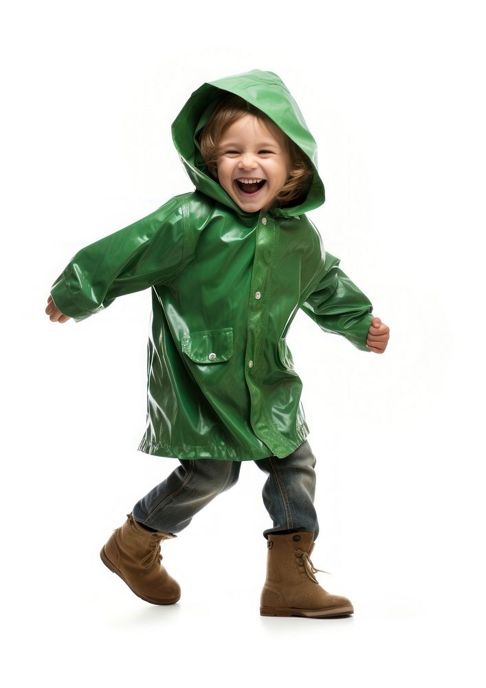 Kid in raincoat child green white background.