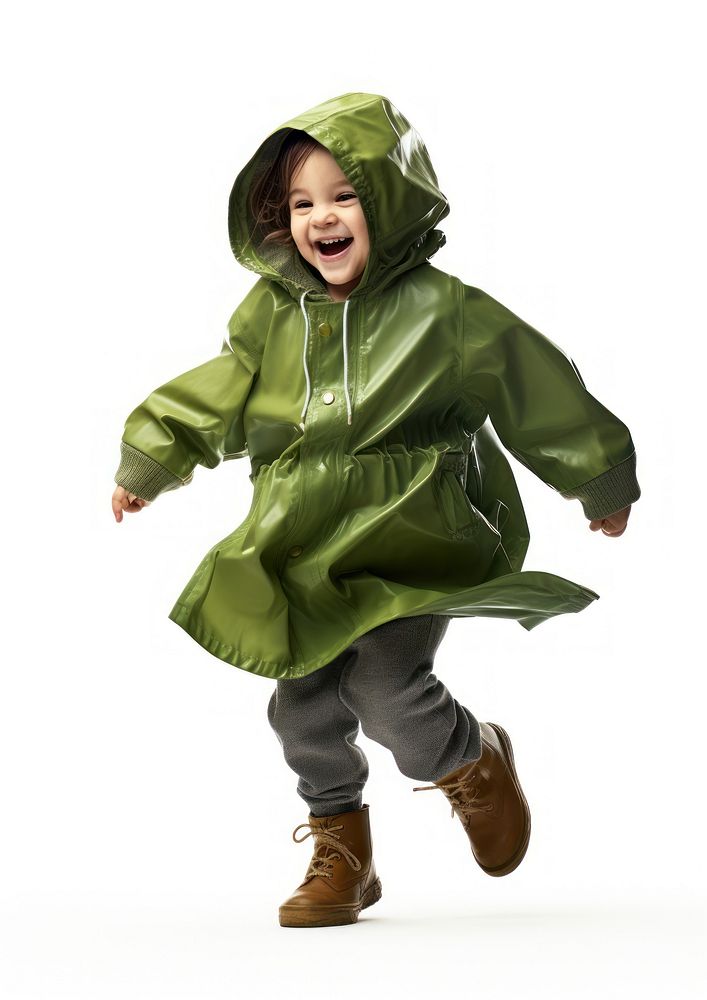 Kid in raincoat sweatshirt green white background.