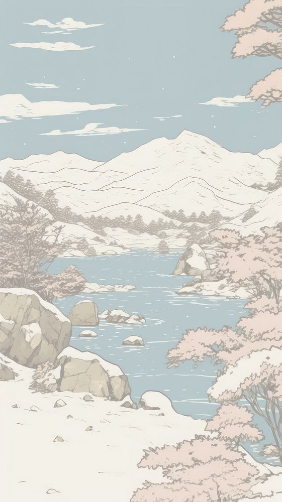 Winter lanscape mountain outdoors drawing. AI generated Image by rawpixel.