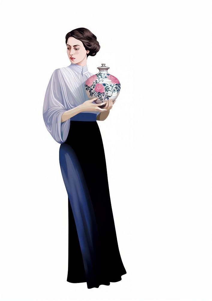 Woman holding porcelain vase portrait fashion sleeve.