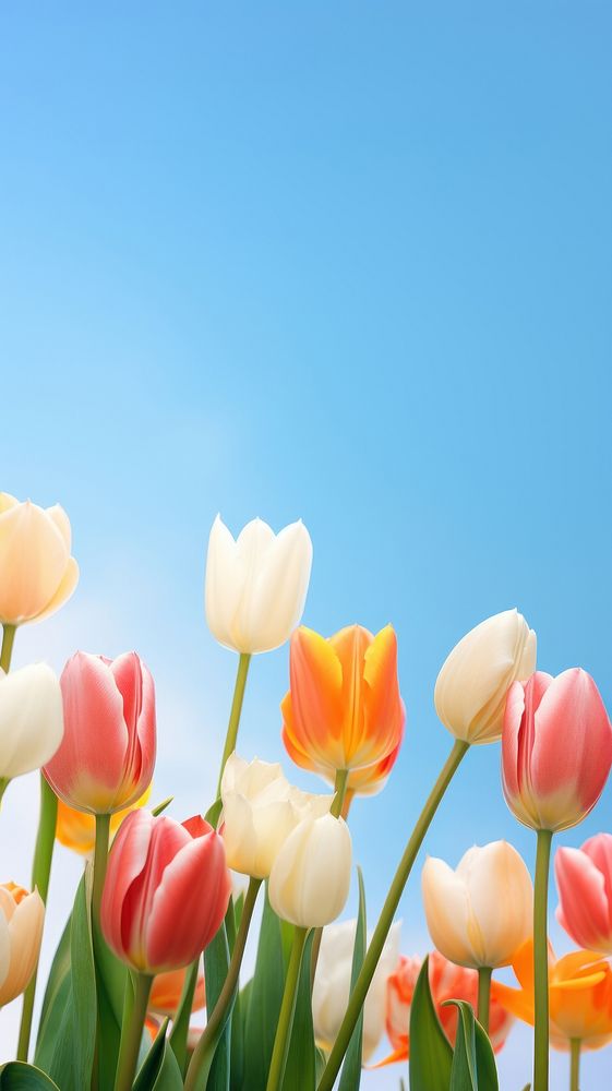  Tulips with blue sky backgrounds outdoors blossom. AI generated Image by rawpixel.