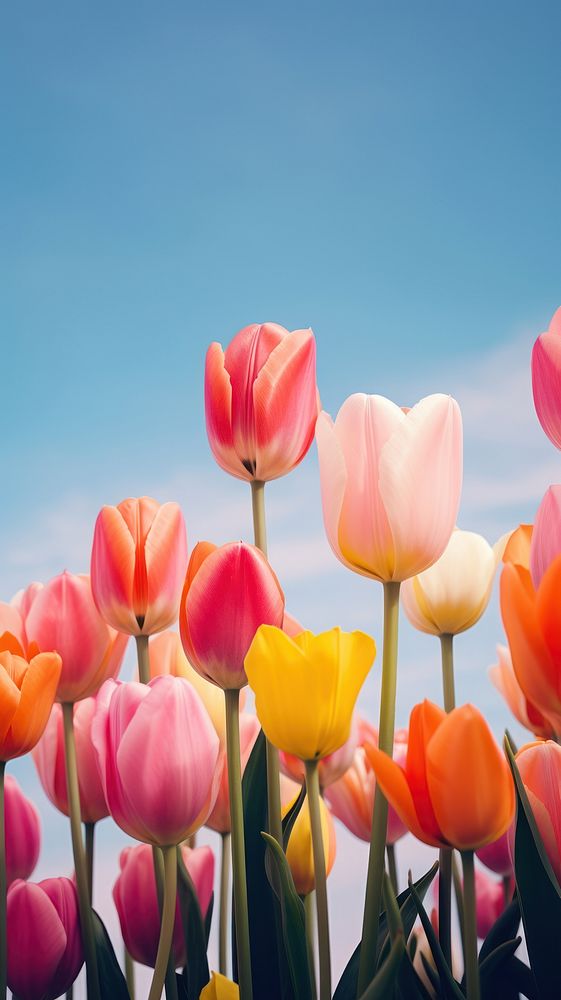  Tulips with blue sky outdoors blossom flower. AI generated Image by rawpixel.