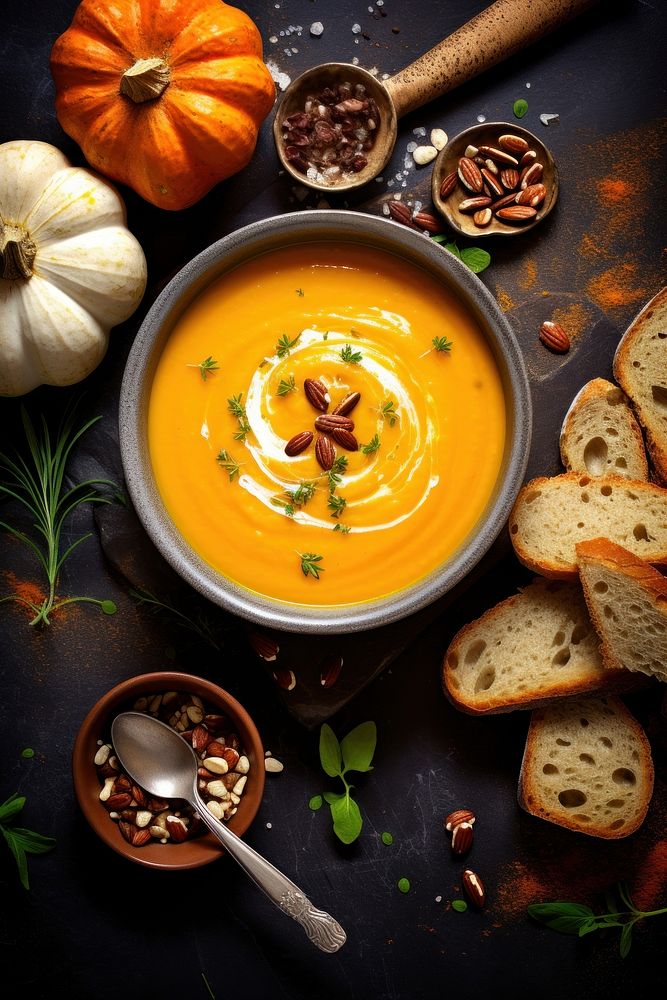 Pumpkin soup with ingredients spoon food meal. AI generated Image by rawpixel.