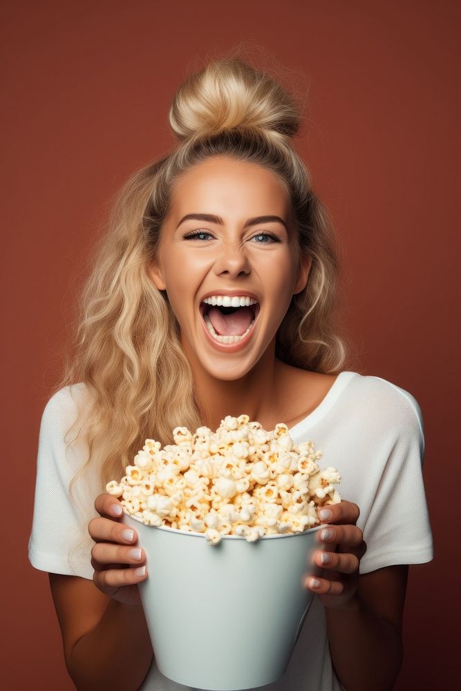 Woman holding popcorn laughing portrait smiling. AI generated Image by rawpixel.