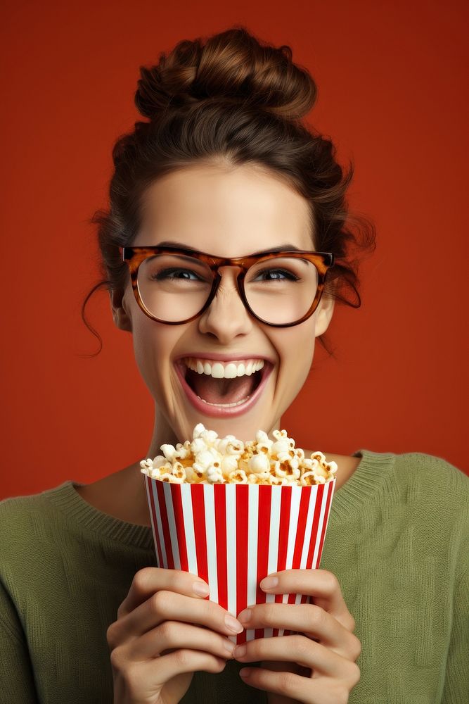 Woman holding popcorn portrait smiling adult. AI generated Image by rawpixel.