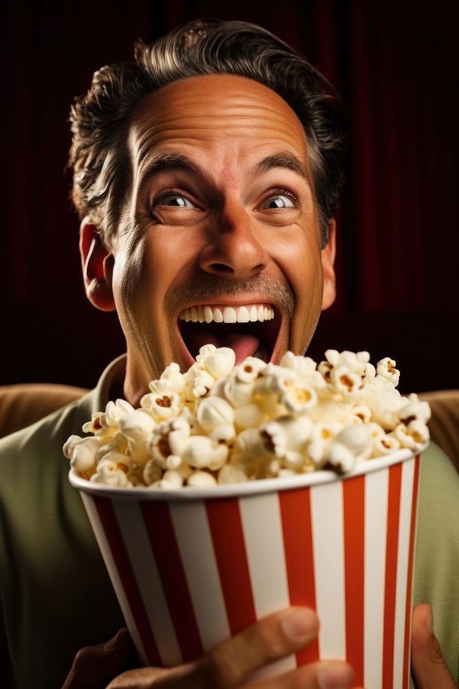 Man holding popcorn portrait smiling adult. AI generated Image by rawpixel.