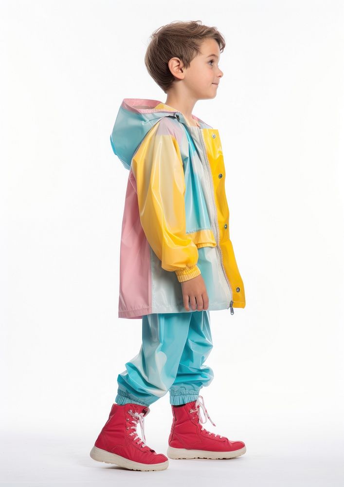 Kid in raincoat looking child white background.