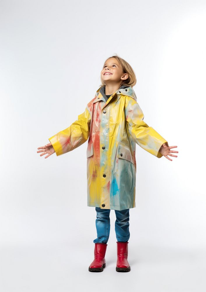 Kid in raincoat looking child white background.