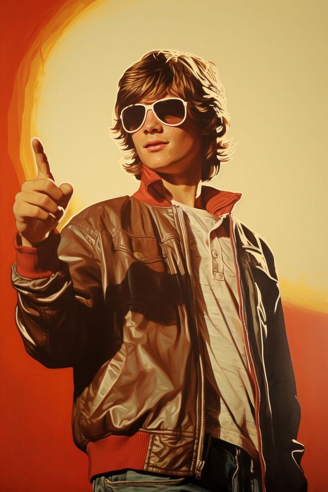 A teenage boy in casual attire standing and pointing his thumb to the side sunglasses portrait jacket. AI generated Image by…