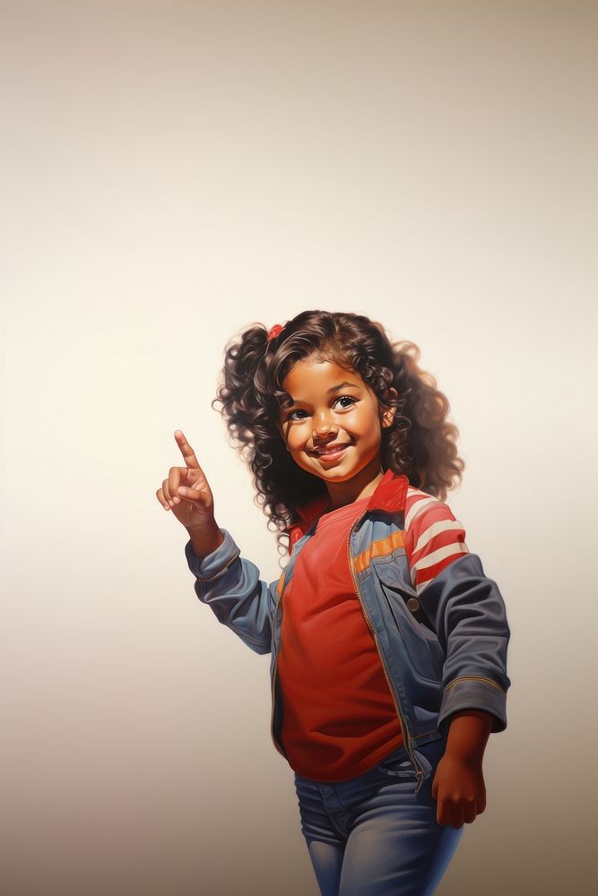 A latina brazilian little girl pointing her finger to the side opposite to her isolated on clear white background portrait…