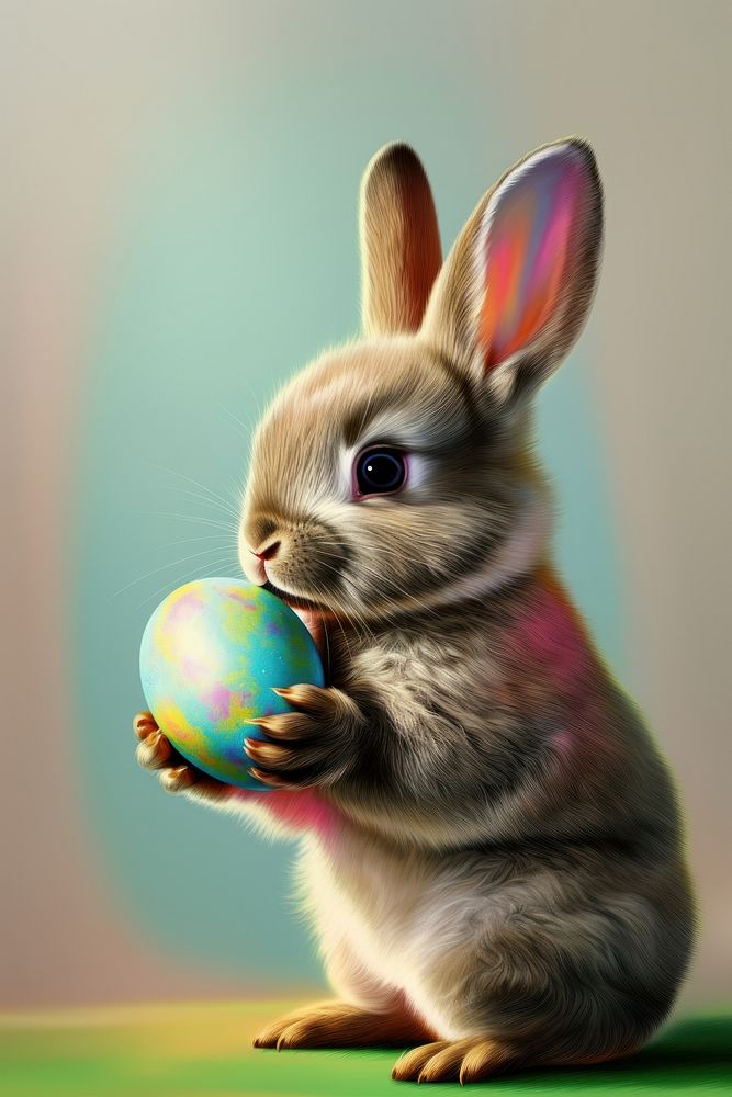 A little baby bunny holding an Easter egg in its tiny paws rodent animal mammal. AI generated Image by rawpixel.