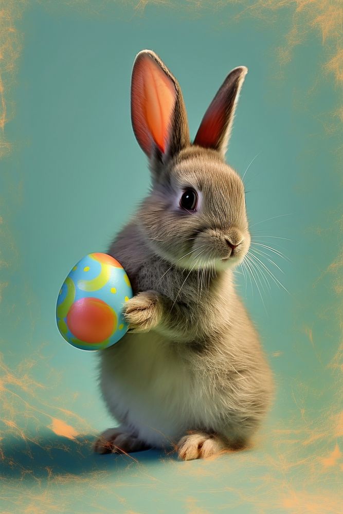 A little baby bunny holding an Easter egg in its tiny paws animal rodent mammal. AI generated Image by rawpixel.
