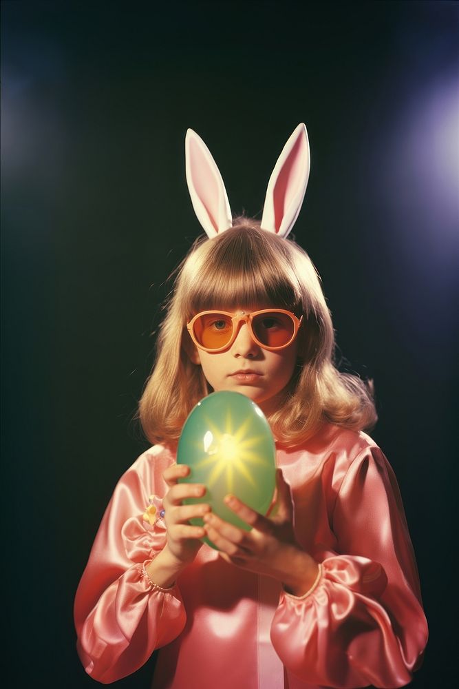 A little girl wearing bunny ears holding an Easter egg portrait costume glasses. AI generated Image by rawpixel.