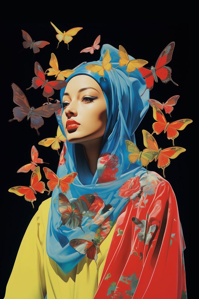 A muslim Chinese female with bultterflies art portrait fashion. AI generated Image by rawpixel.