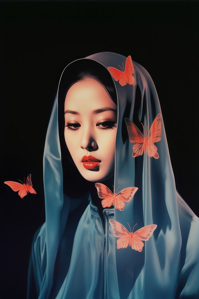A muslim Chinese female with bultterflies portrait fashion adult. AI generated Image by rawpixel.