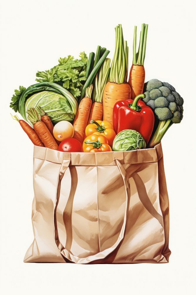 Fresh vegetables and bread in the brown paper shopping bag isolated on solid clear white background food cauliflower…