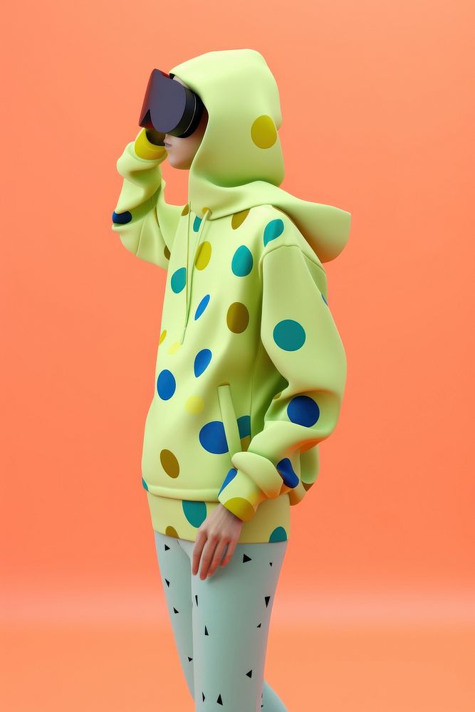 A young adult in a colorful polka-dot hoodie wearing virtual reality glasses fashion cartoon representation. AI generated…