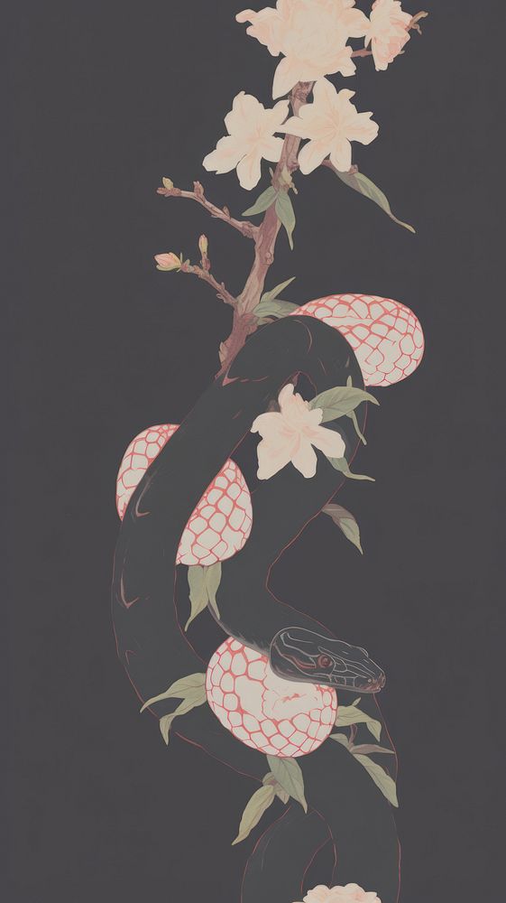Black snake and flowers pattern plant art.