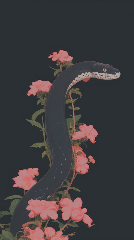 Black snake and flowers reptile plant rose.