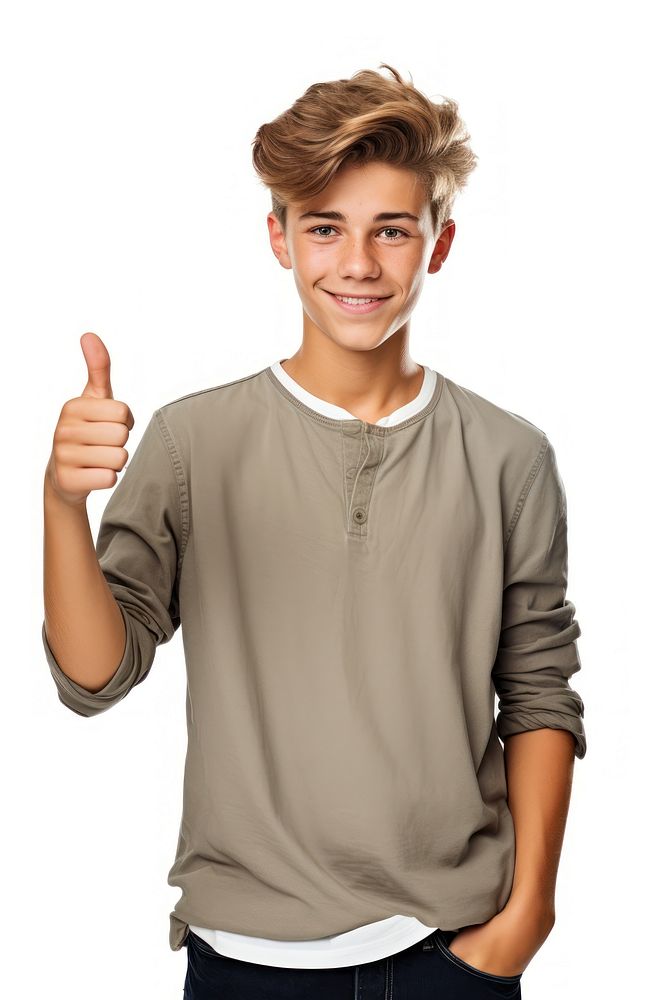 A teenage boy in casual attire standing and pointing his thumb to the side smile t-shirt sleeve. AI generated Image by…