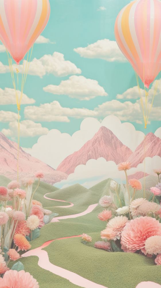 Balloons with beatiful landscape painting outdoors nature.