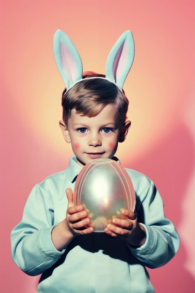A little boy wearing bunny ears holding an Easter egg portrait easter child. AI generated Image by rawpixel.