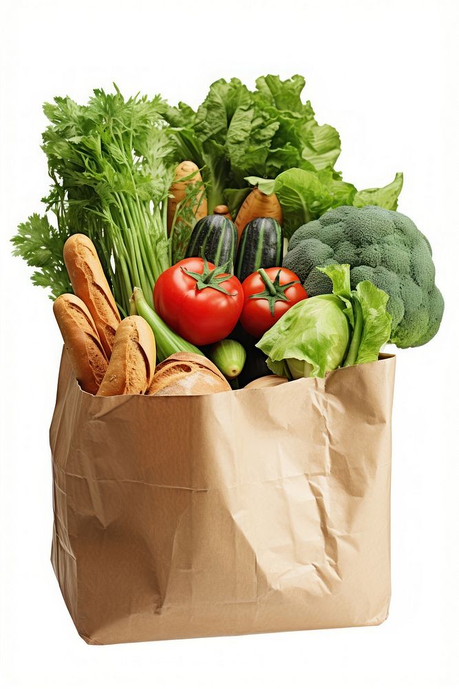 Fresh vegetables and bread in the paper shopping bag food white background freshness. AI generated Image by rawpixel.