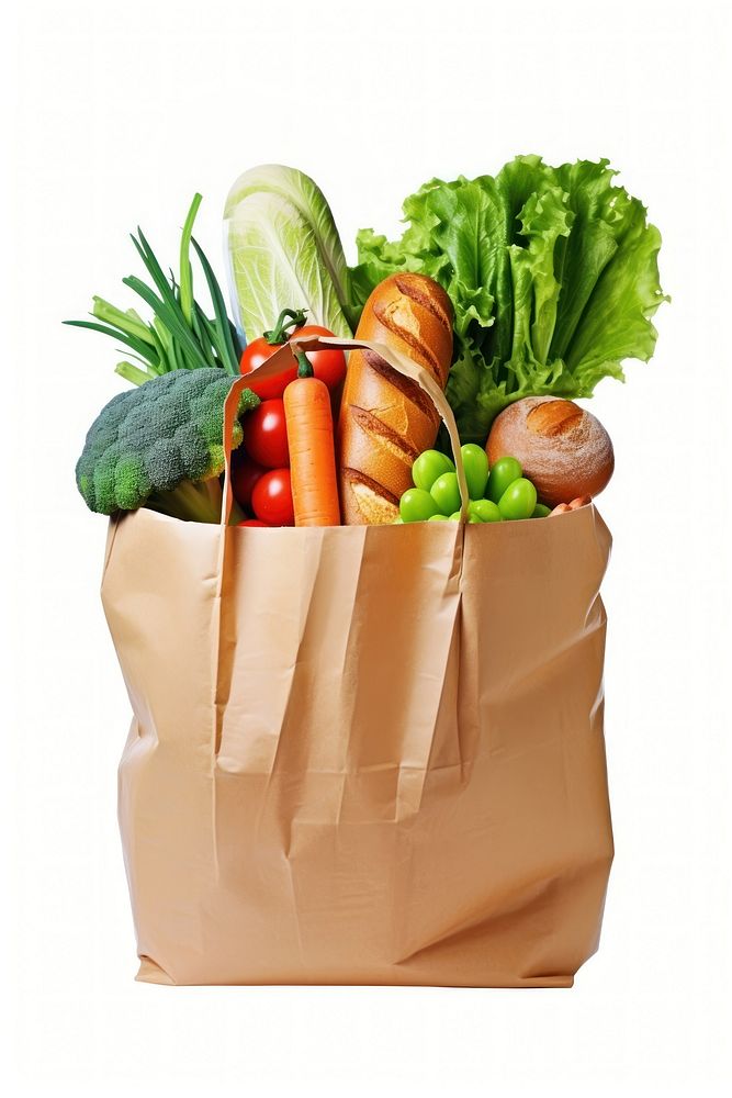 Fresh vegetables and bread in the paper shopping bag food white background consumerism. AI generated Image by rawpixel.