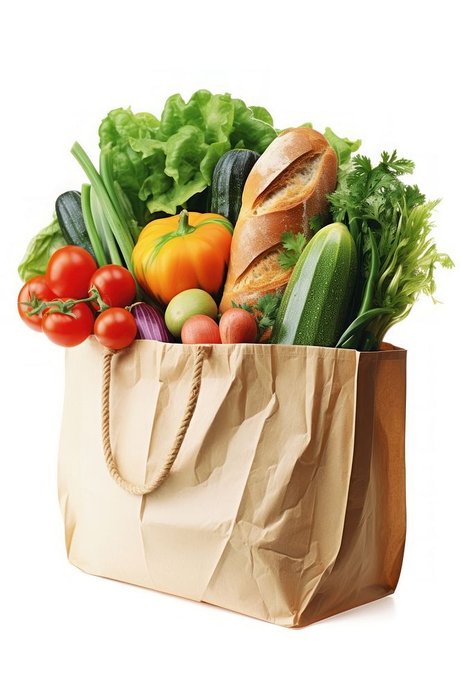 Fresh vegetables and bread in the paper shopping bag food white background cauliflower. AI generated Image by rawpixel.