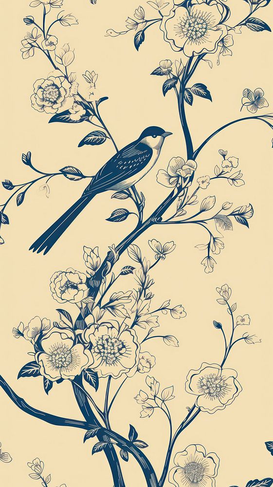 Toile wallpaper with bird pattern drawing sketch.
