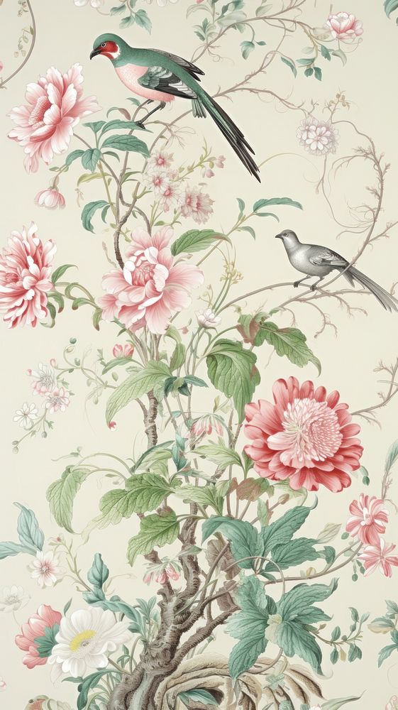 Toile wallpaper with bird pattern drawing flower.