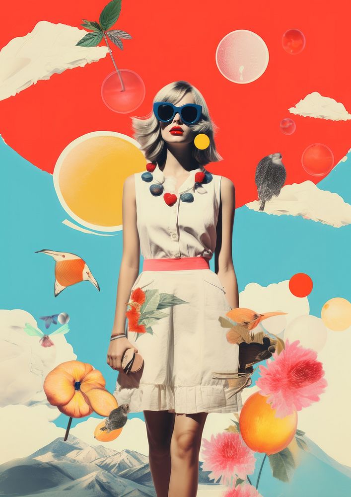 Minimal Collage Retro dreamy of summer outfit painting portrait art.