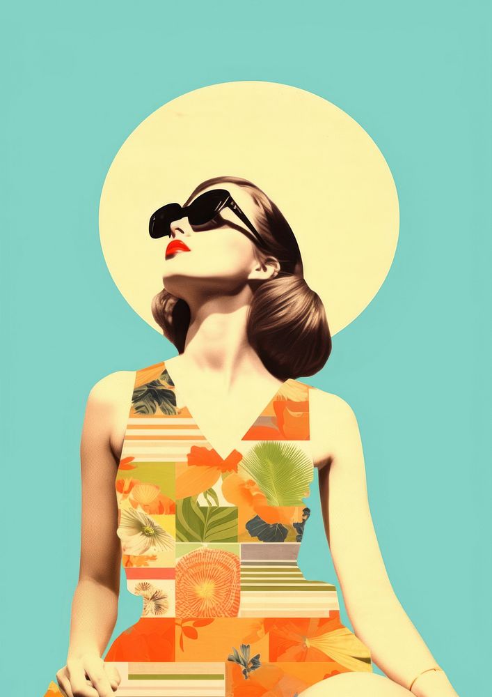 Collage Retro dreamy of woman sunbathe portrait fashion glasses.
