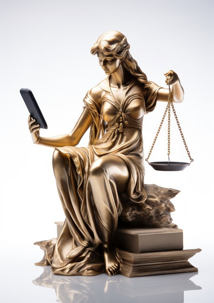 Golden statue of justice sculptures Holding scales playing smartphone representation electronics technology.