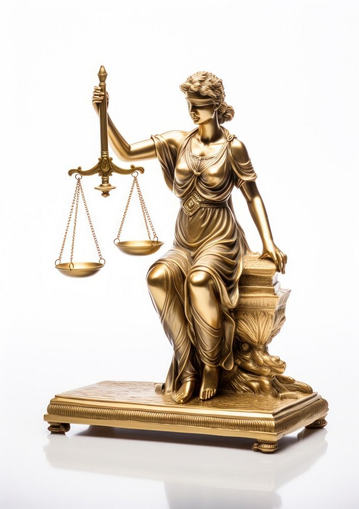 Golden statue of justice sculptures holding a scale bronze gold white background.