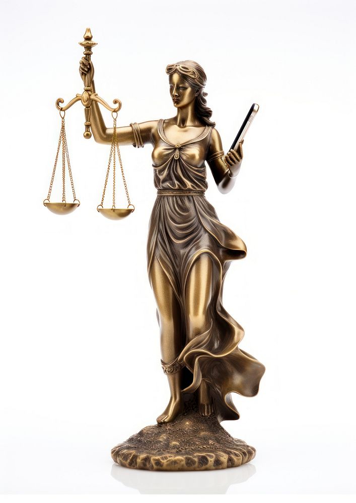 Golden statue of justice sculpture playing smartphone bronze scale adult.