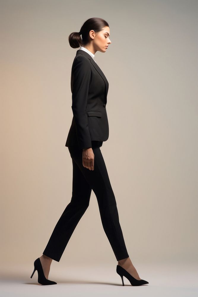 A business woman walking footwear tuxedo.