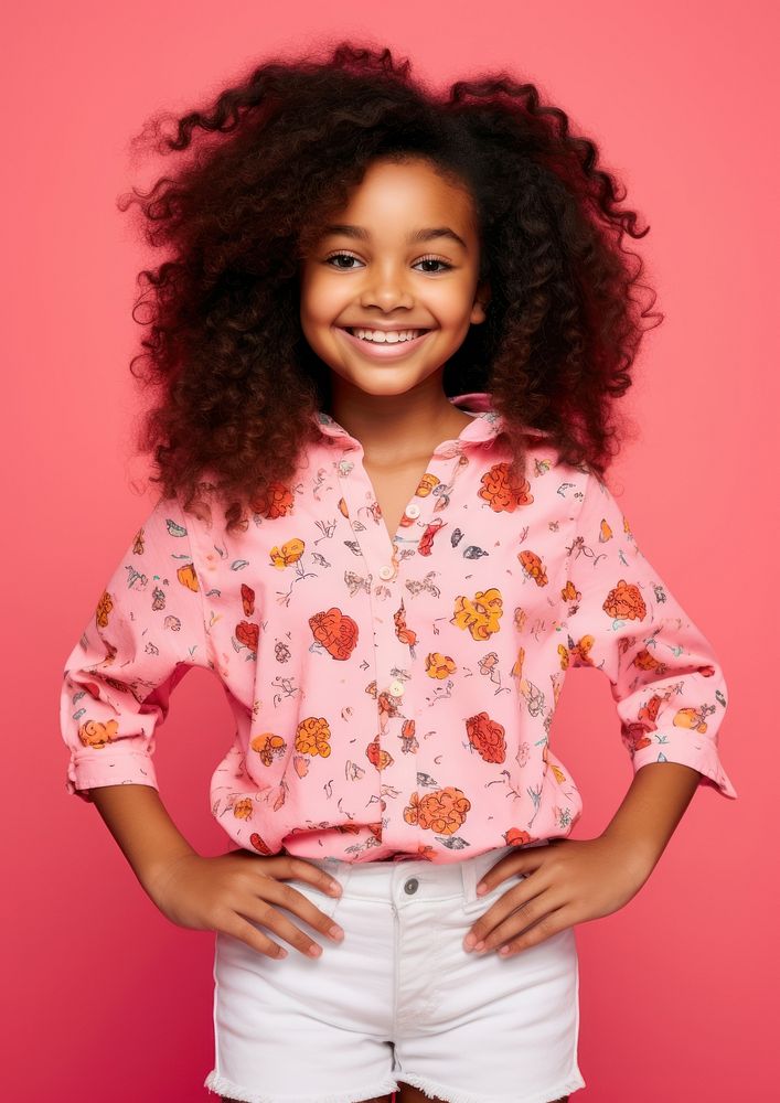 Young African American girl stands smile pattern sleeve.