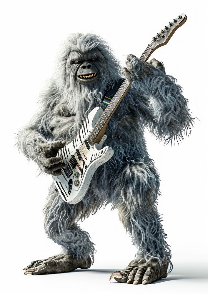 Yeti Bigfoot with rock and roll sign guitar mammal white background.