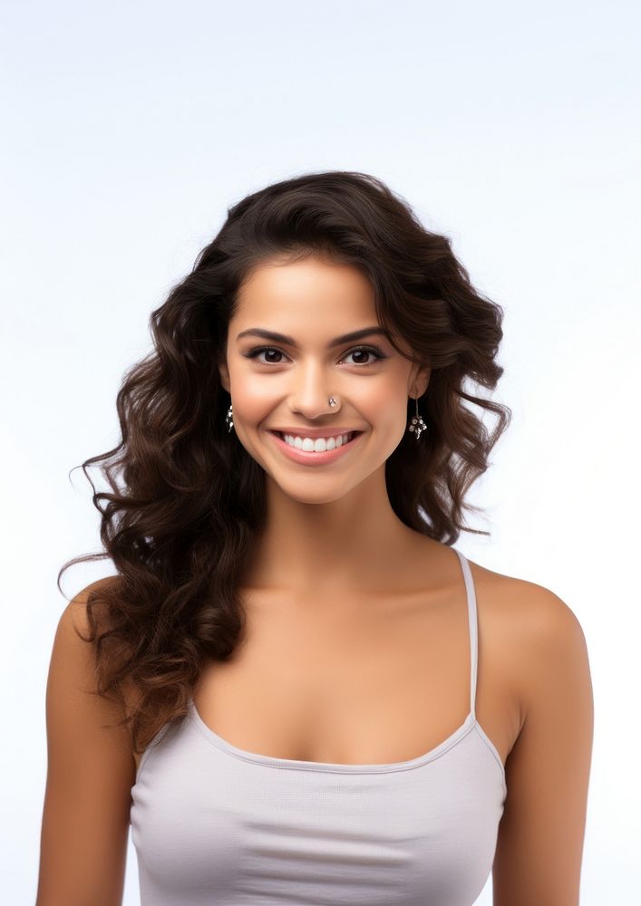 Portrait of a young latin woman with pleasant smile portrait photography white background.