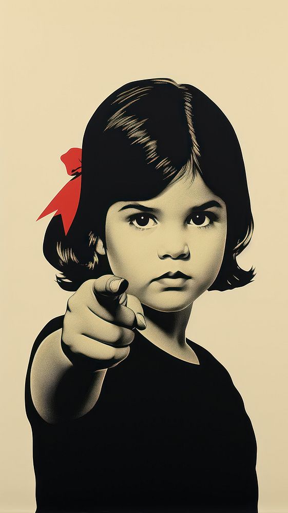 A latina brazilian little girl pointing her finger to the side opposite to her portrait black art. AI generated Image by…
