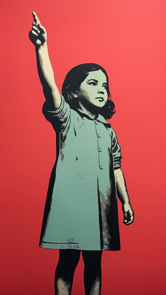 A latina brazilian little girl pointing her finger to the side opposite to her portrait adult red. AI generated Image by…